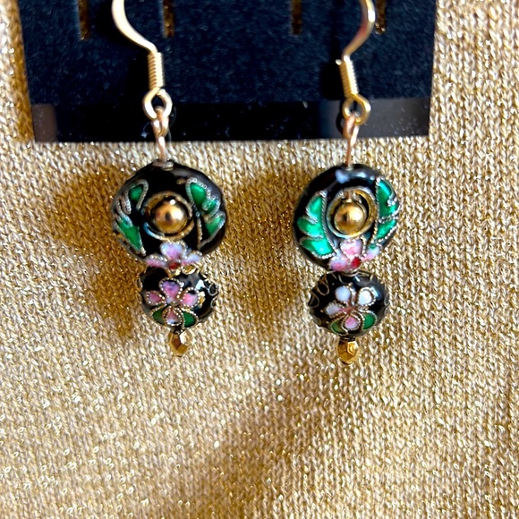 Cloisonné drop earrings. Black, gold, green, pink. - Picture 3 of 5